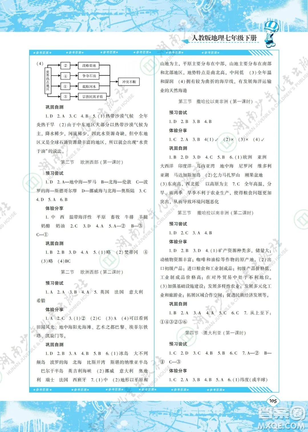 湖南少年兒童出版社2022課程基礎(chǔ)訓(xùn)練七年級(jí)地理下冊(cè)人教版答案