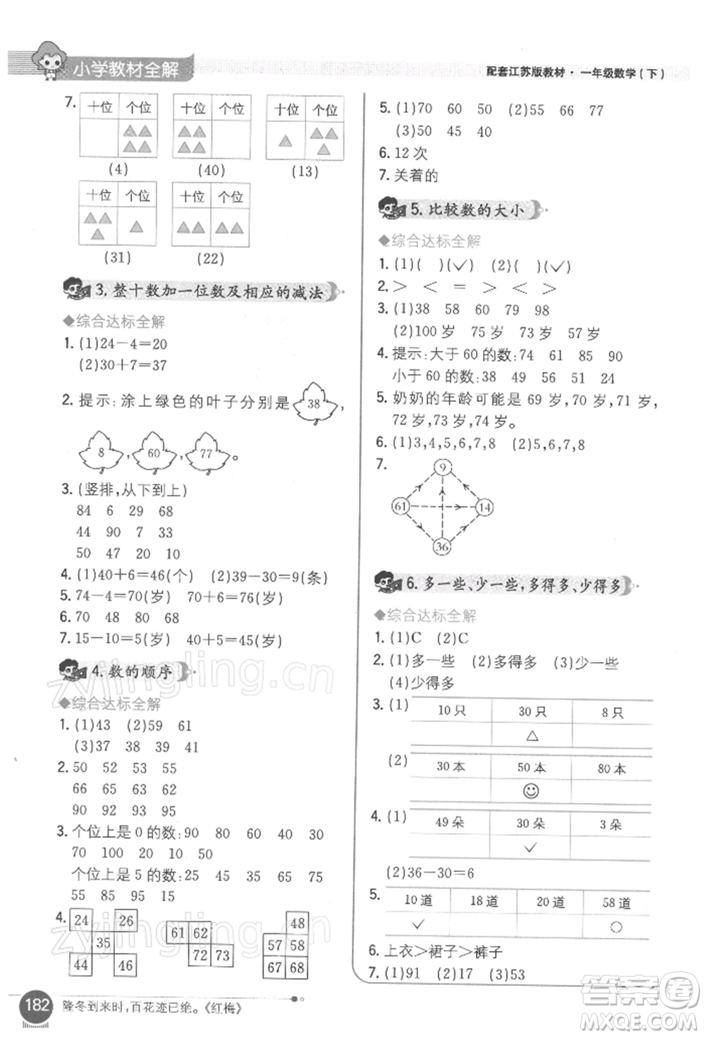陜西人民教育出版社2022小學(xué)教材全解一年級(jí)數(shù)學(xué)下冊(cè)江蘇版參考答案