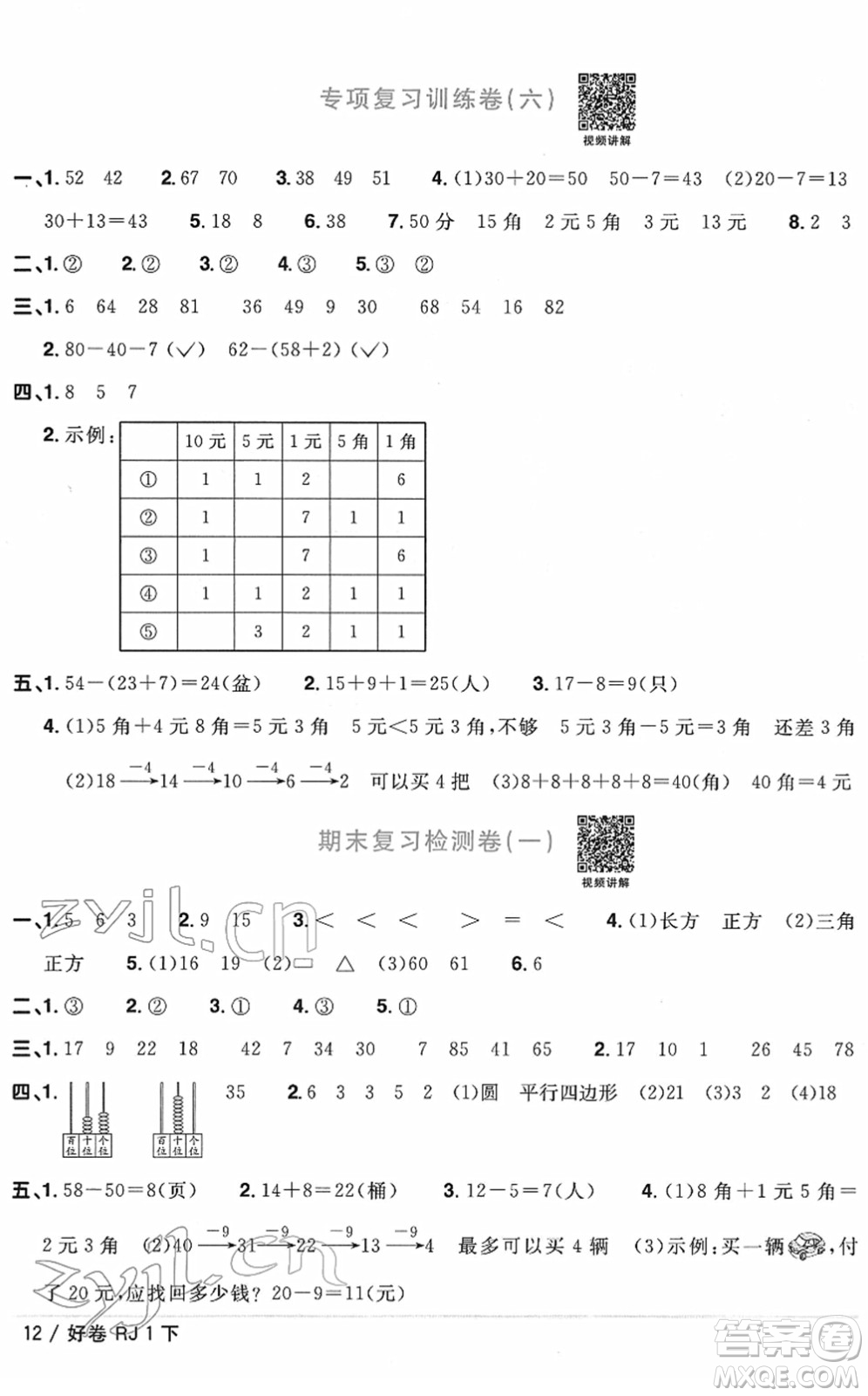 江西教育出版社2022陽(yáng)光同學(xué)一線名師全優(yōu)好卷單元標(biāo)準(zhǔn)卷+期末復(fù)習(xí)卷一年級(jí)數(shù)學(xué)下冊(cè)RJ人教版答案