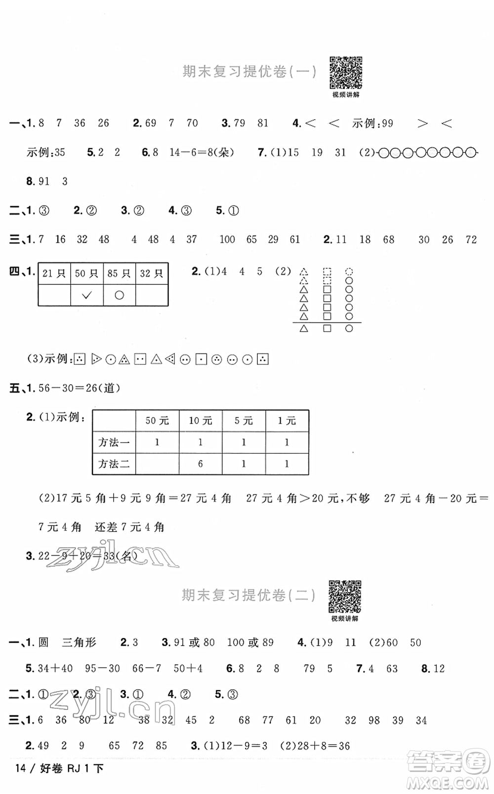 江西教育出版社2022陽(yáng)光同學(xué)一線名師全優(yōu)好卷單元標(biāo)準(zhǔn)卷+期末復(fù)習(xí)卷一年級(jí)數(shù)學(xué)下冊(cè)RJ人教版答案