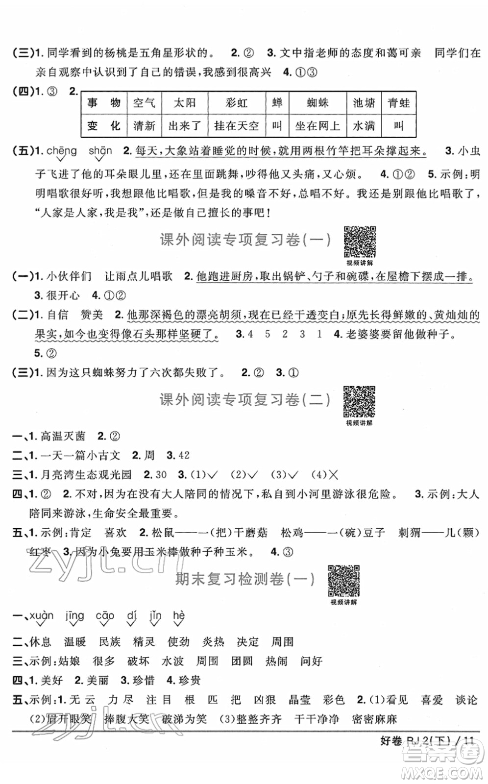 江西教育出版社2022陽光同學一線名師全優(yōu)好卷單元標準卷+期末復習卷二年級語文下冊RJ人教版答案