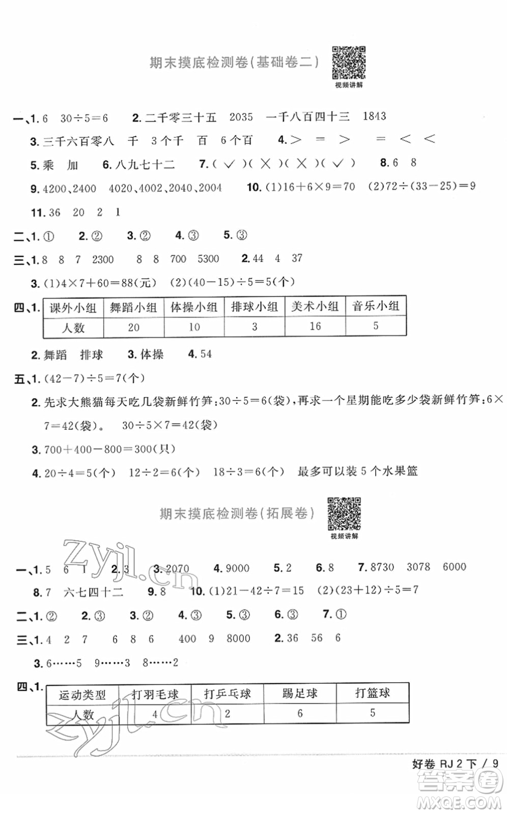 江西教育出版社2022陽光同學(xué)一線名師全優(yōu)好卷單元標(biāo)準(zhǔn)卷+期末復(fù)習(xí)卷二年級數(shù)學(xué)下冊RJ人教版答案