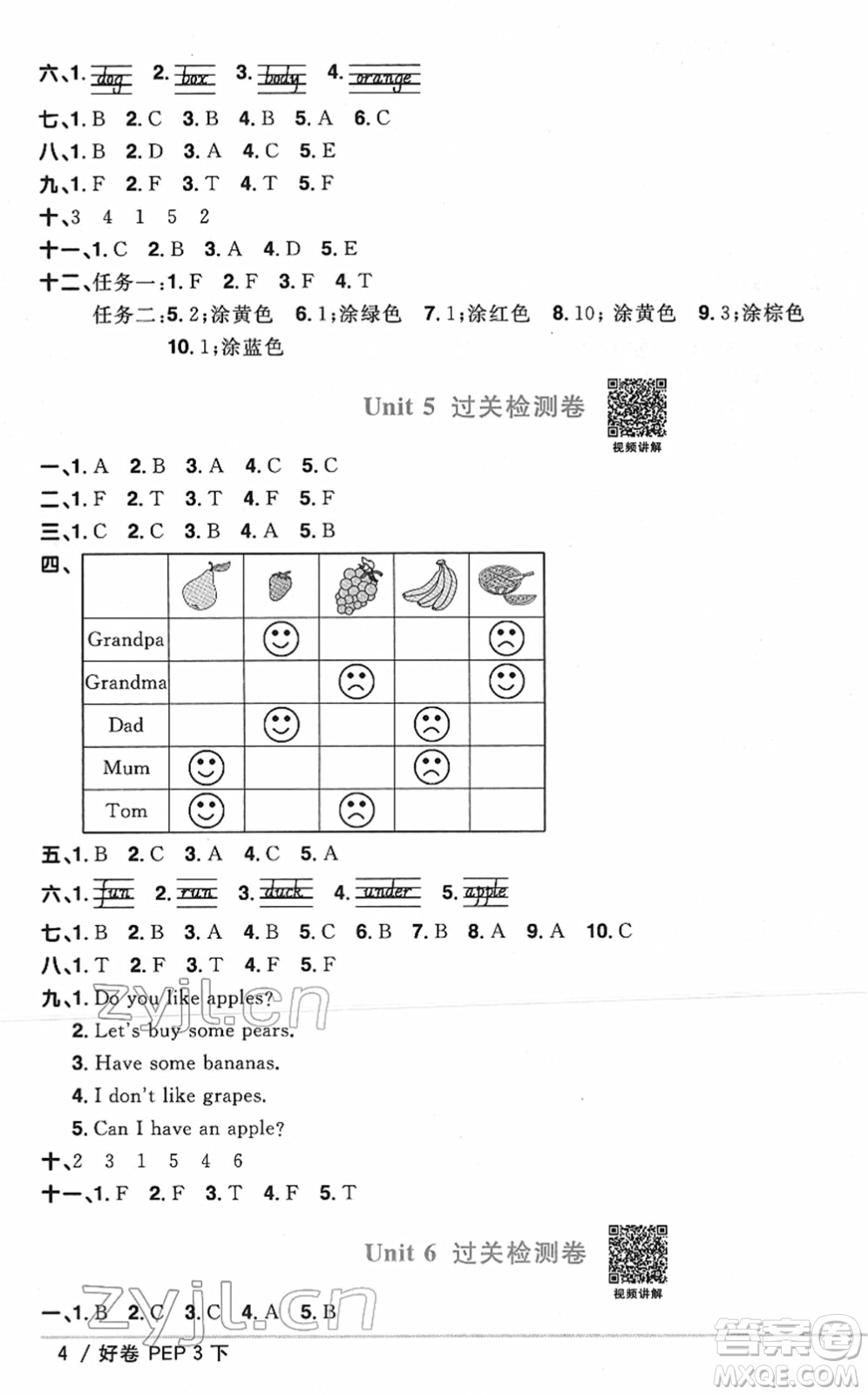 江西教育出版社2022陽光同學(xué)一線名師全優(yōu)好卷單元標(biāo)準(zhǔn)卷+期末復(fù)習(xí)卷三年級英語下冊PEP版答案