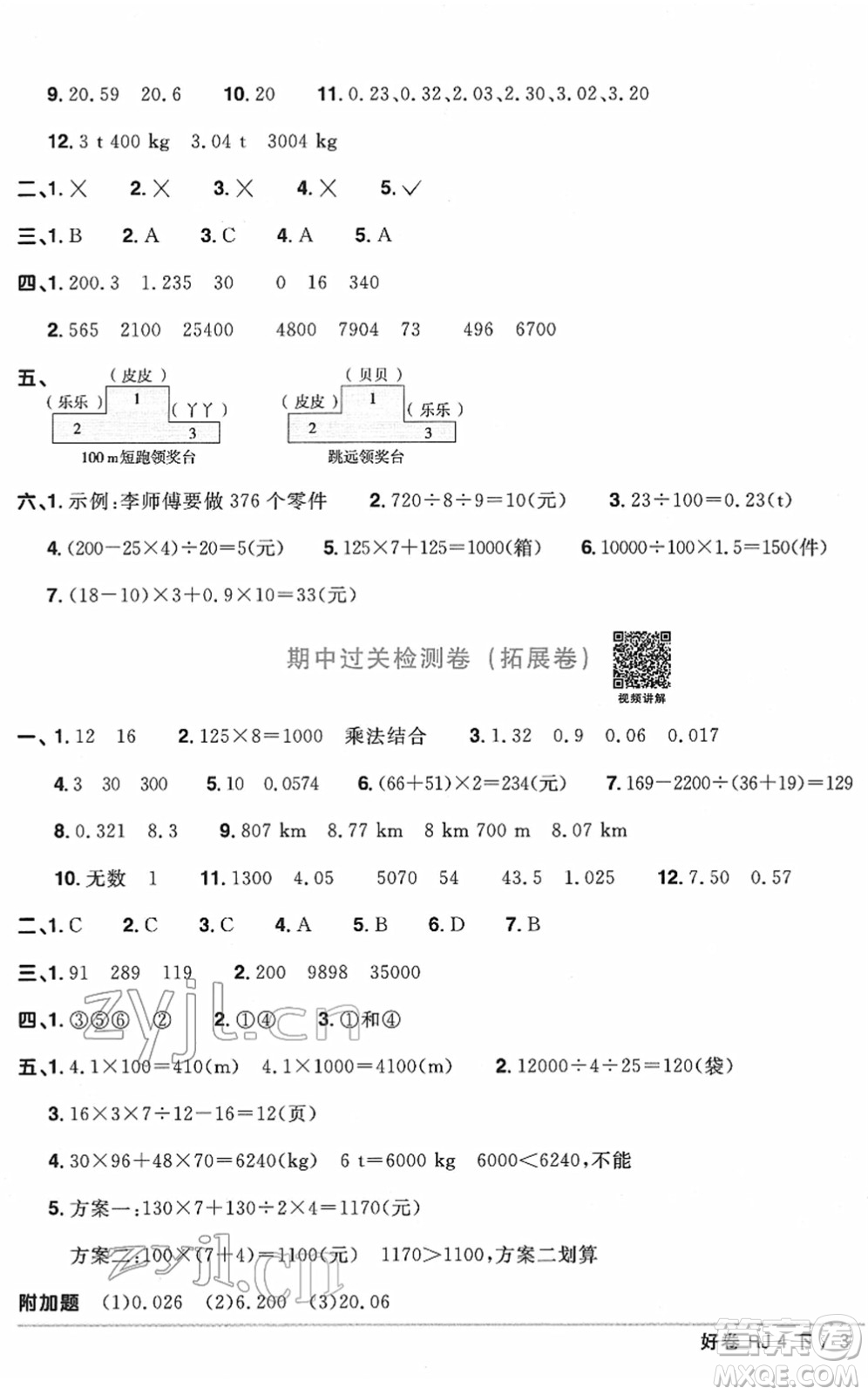 江西教育出版社2022陽光同學(xué)一線名師全優(yōu)好卷單元標(biāo)準(zhǔn)卷+期末復(fù)習(xí)卷四年級數(shù)學(xué)下冊RJ人教版答案