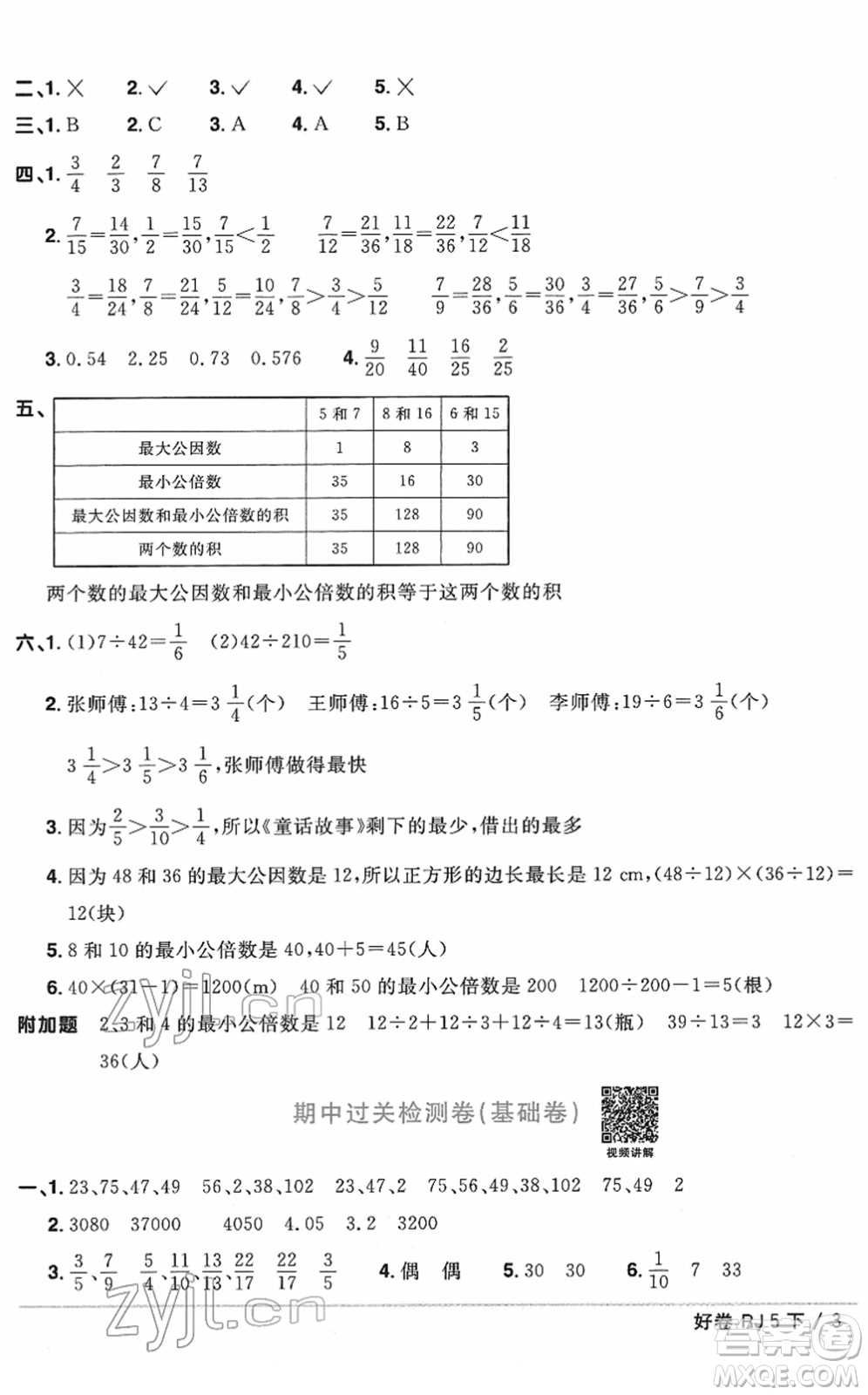 江西教育出版社2022陽光同學(xué)一線名師全優(yōu)好卷單元標準卷+期末復(fù)習(xí)卷五年級數(shù)學(xué)下冊RJ人教版答案