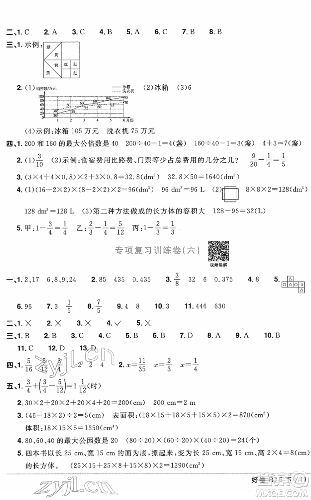 江西教育出版社2022陽光同學(xué)一線名師全優(yōu)好卷單元標準卷+期末復(fù)習(xí)卷五年級數(shù)學(xué)下冊RJ人教版答案