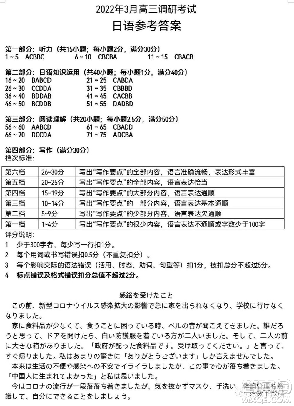 湖南2022年3月高三調研考試試卷日語答案