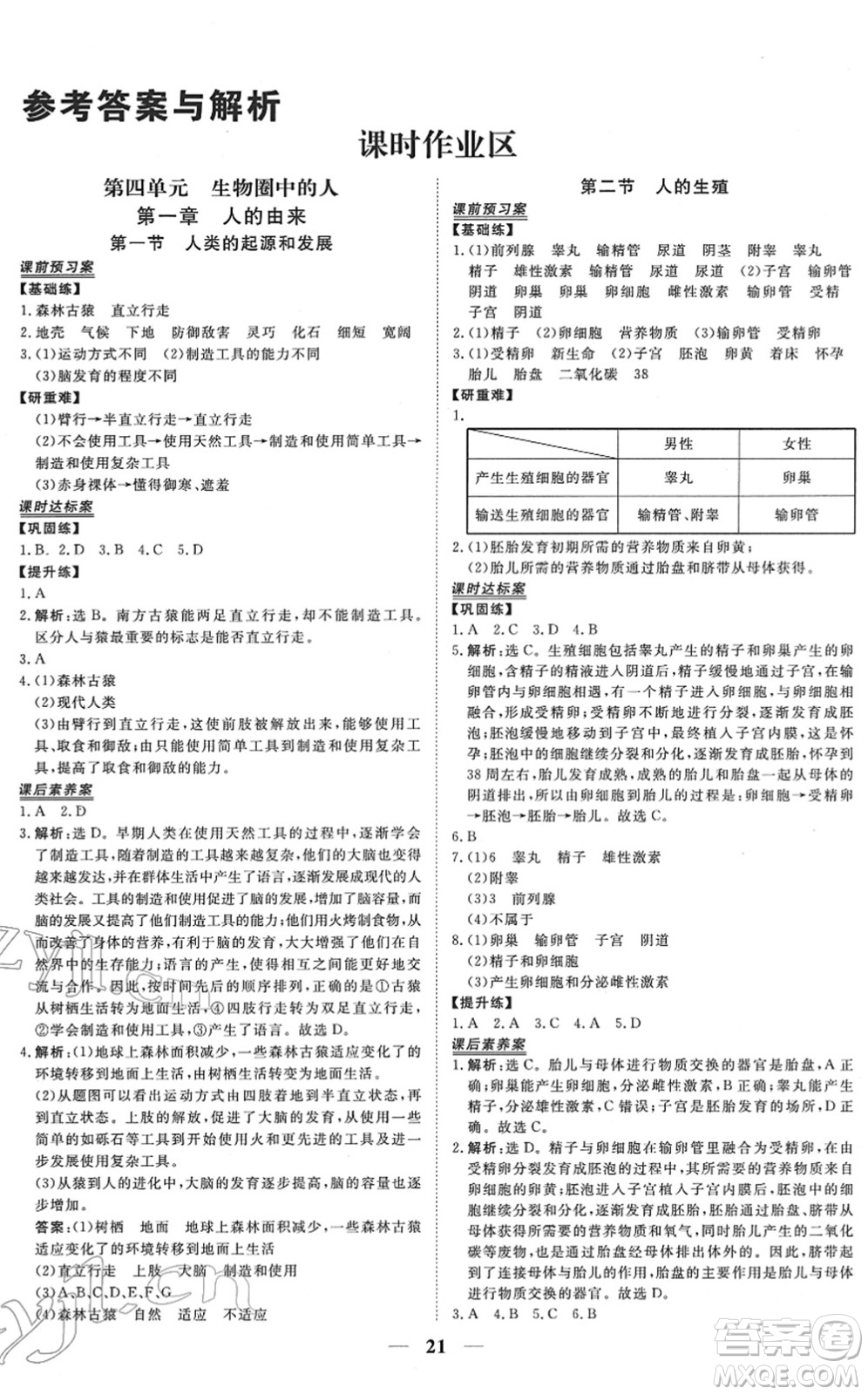 青海人民出版社2022新坐標(biāo)同步練習(xí)七年級(jí)生物下冊(cè)人教版青海專用答案
