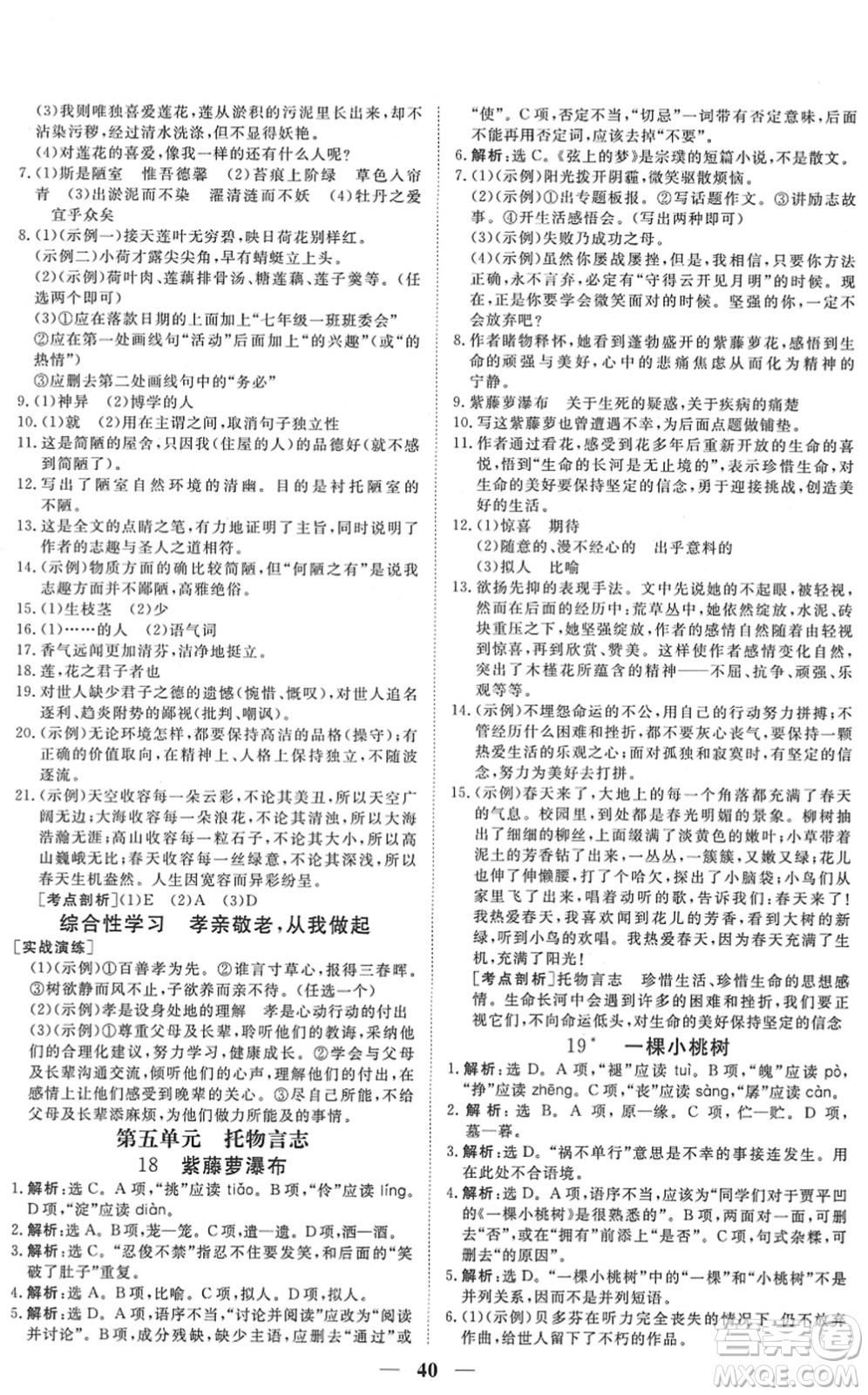 青海人民出版社2022新坐標(biāo)同步練習(xí)七年級(jí)語(yǔ)文下冊(cè)人教版青海專用答案
