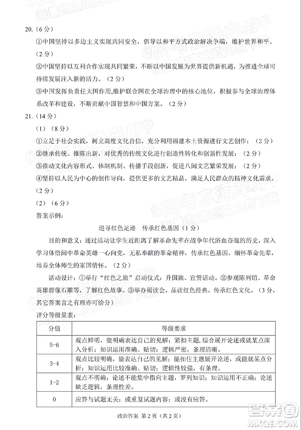 莆田市2022屆高中畢業(yè)班第二次教學質(zhì)量檢測試卷政治試題及答案