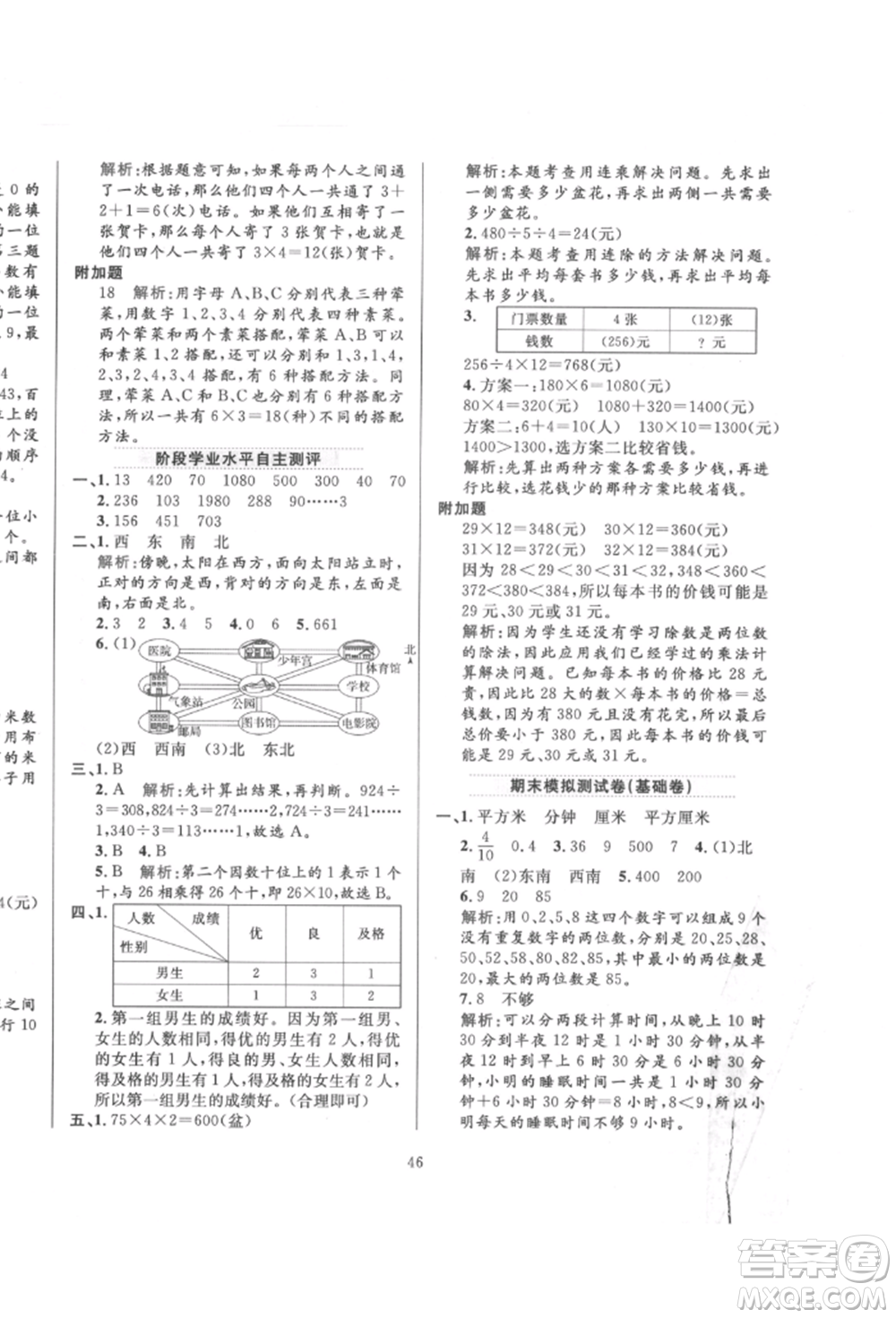 陜西人民教育出版社2022小學(xué)教材全練三年級(jí)數(shù)學(xué)下冊人教版參考答案
