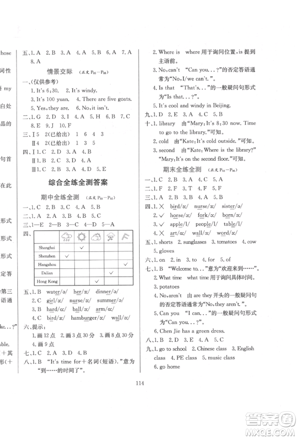 陜西人民教育出版社2022小學(xué)教材全練三年級起點(diǎn)四年級英語下冊人教版參考答案