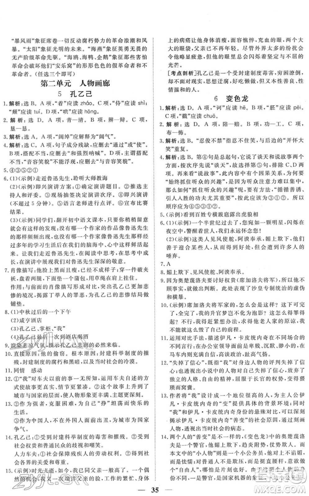 青海人民出版社2022新坐標(biāo)同步練習(xí)九年級語文下冊人教版青海專用答案