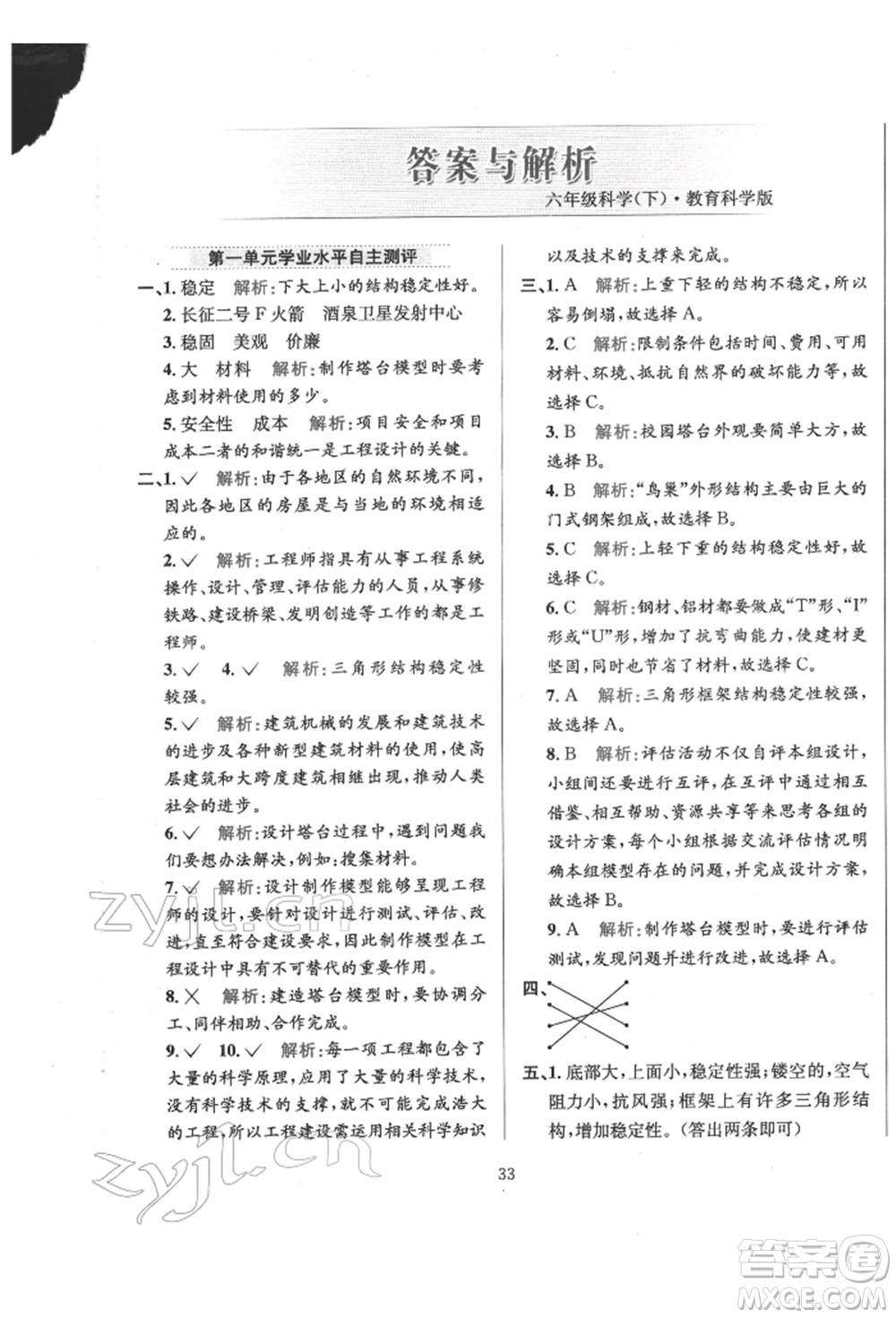 陜西人民教育出版社2022小學(xué)教材全練六年級科學(xué)下冊教育科學(xué)版參考答案