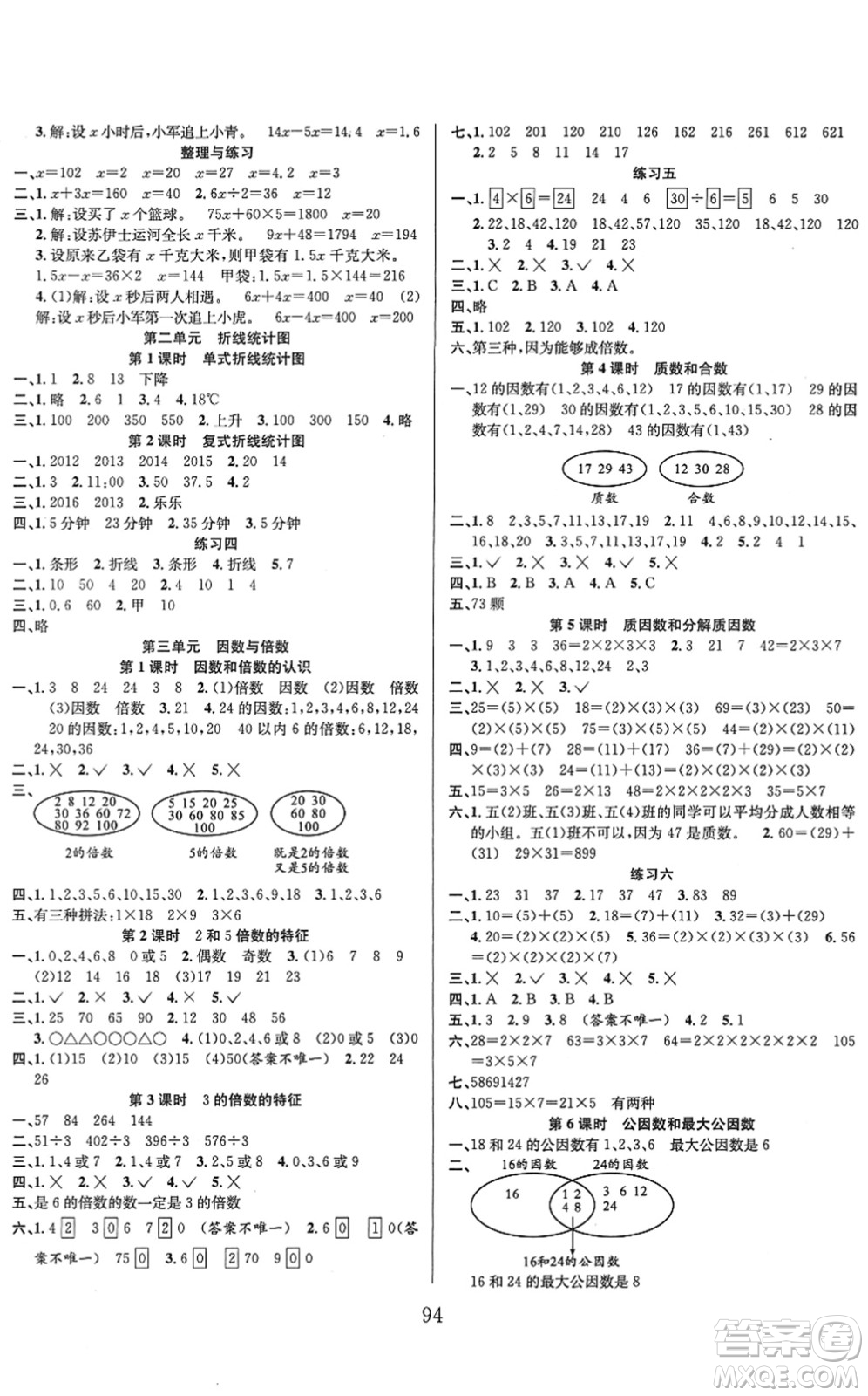 安徽人民出版社2022陽光課堂課時作業(yè)五年級數(shù)學下冊SJ蘇教版答案