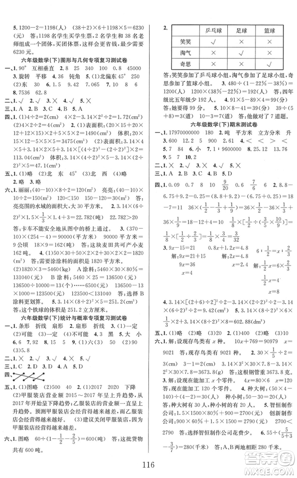 安徽人民出版社2022陽光課堂課時(shí)作業(yè)六年級(jí)數(shù)學(xué)下冊(cè)BS北師版答案
