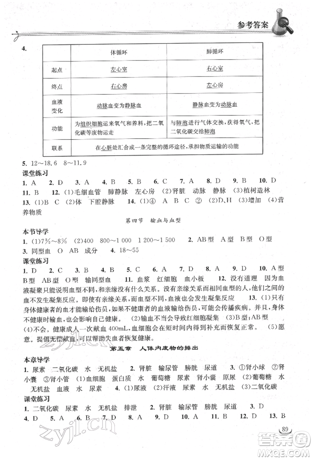 湖北教育出版社2022長江作業(yè)本同步練習(xí)冊七年級生物學(xué)下冊人教版參考答案