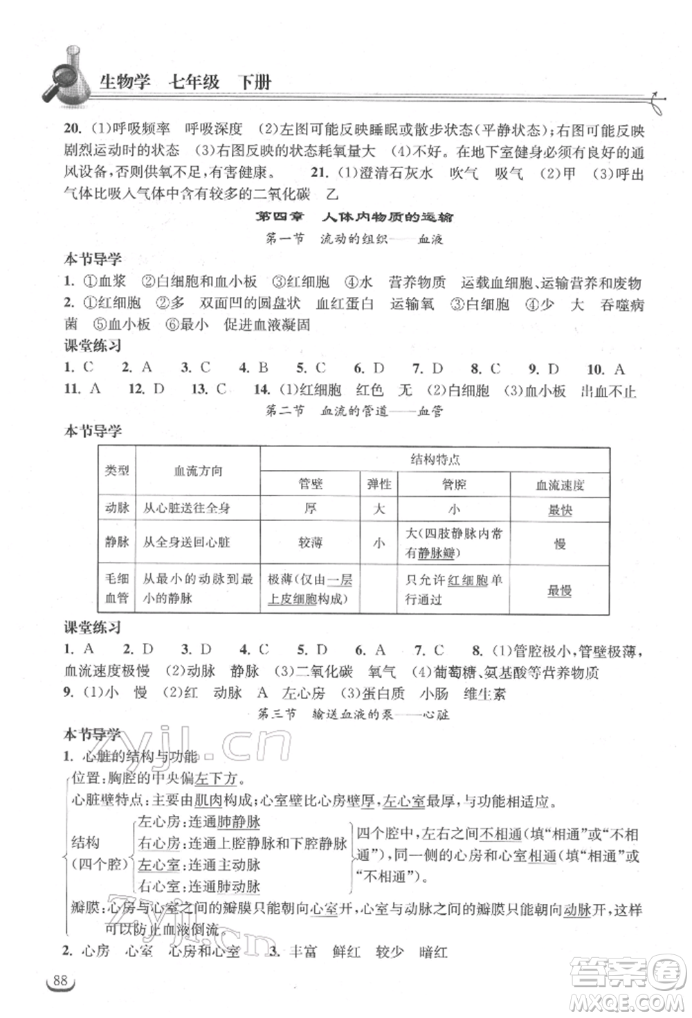 湖北教育出版社2022長江作業(yè)本同步練習(xí)冊七年級生物學(xué)下冊人教版參考答案