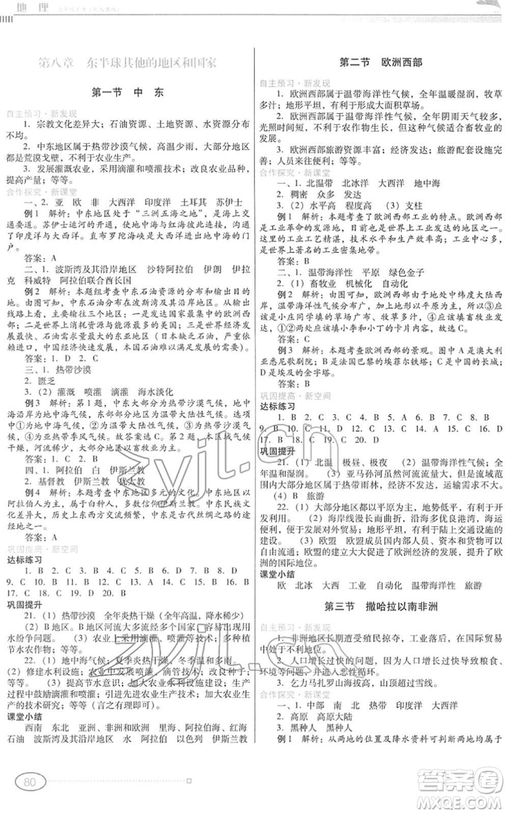 廣東教育出版社2022南方新課堂金牌學案七年級地理下冊人教版答案