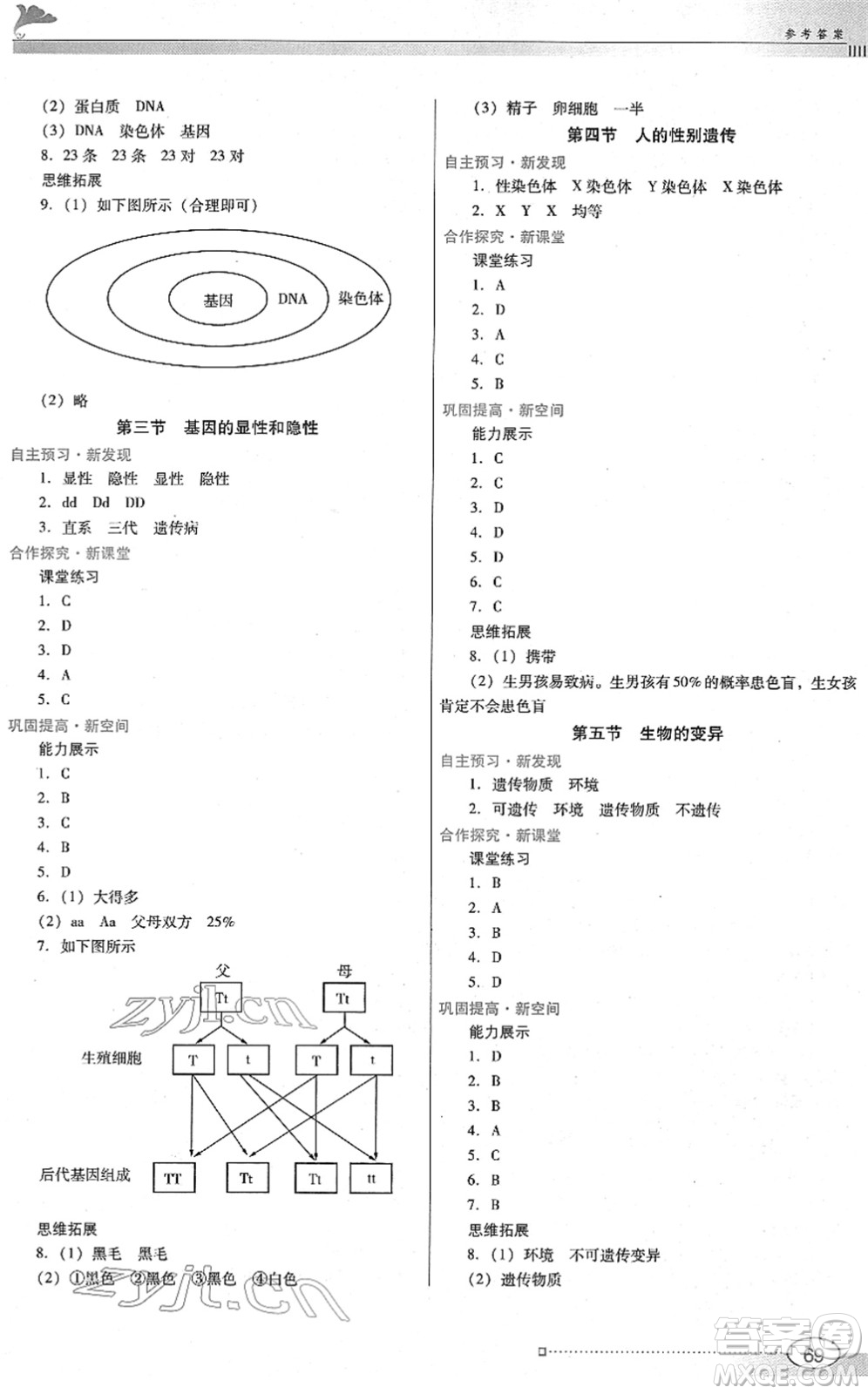 廣東教育出版社2022南方新課堂金牌學(xué)案八年級(jí)生物下冊人教版答案