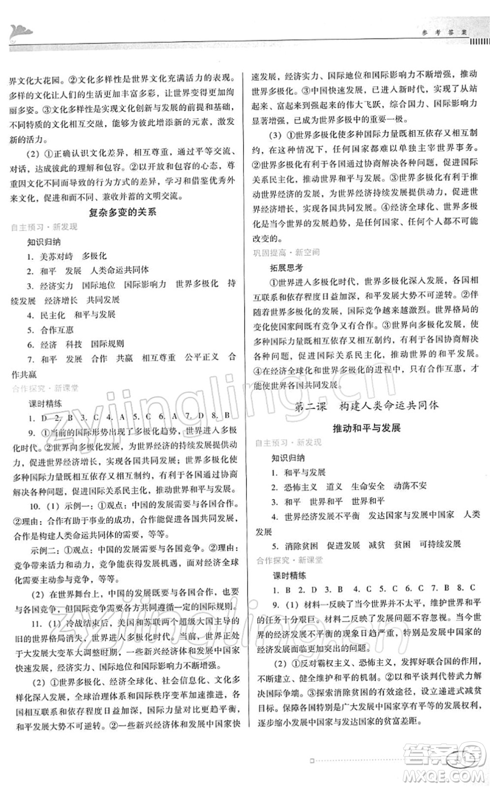 廣東教育出版社2022南方新課堂金牌學(xué)案九年級道德與法治下冊人教版答案