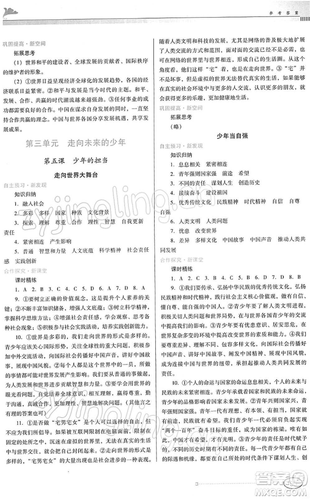 廣東教育出版社2022南方新課堂金牌學(xué)案九年級道德與法治下冊人教版答案