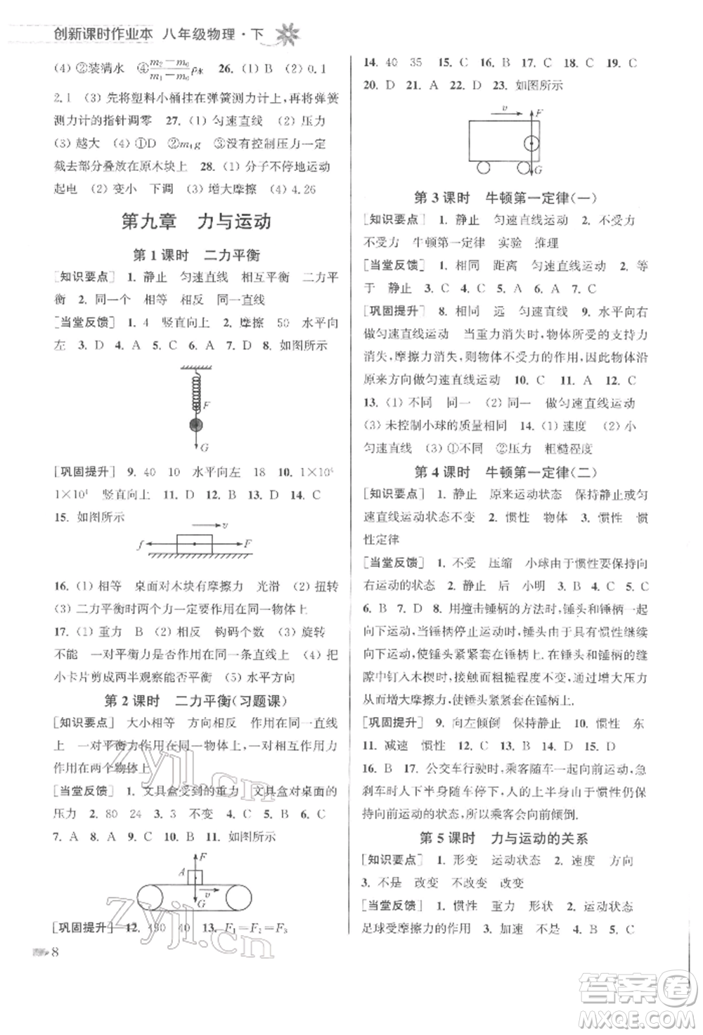 江蘇鳳凰美術(shù)出版社2022創(chuàng)新課時作業(yè)本八年級物理下冊江蘇版參考答案