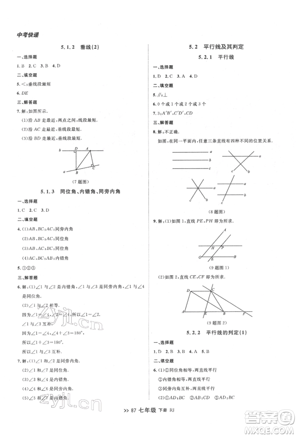 遼寧大學(xué)出版社2022中考快遞同步檢測(cè)七年級(jí)數(shù)學(xué)下冊(cè)人教版大連專版參考答案