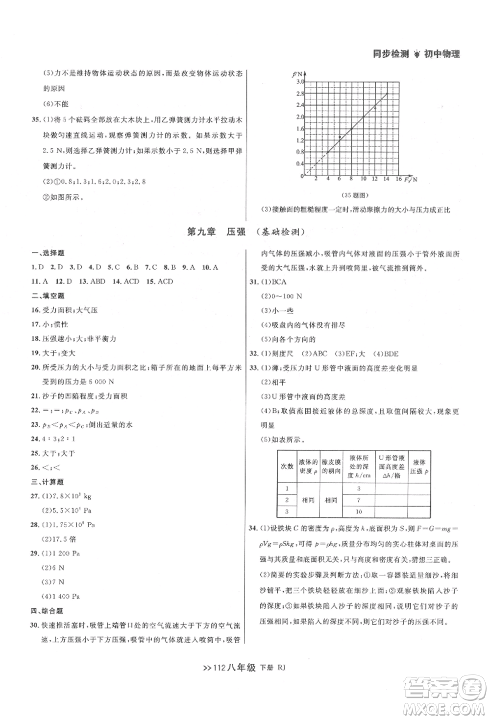 遼寧大學(xué)出版社2022中考快遞同步檢測八年級物理下冊人教版大連專版參考答案