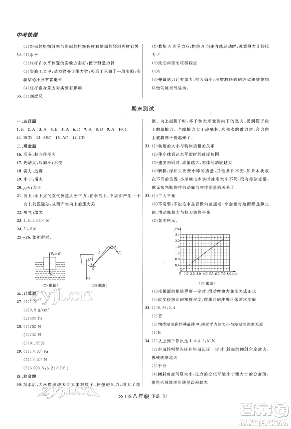 遼寧大學(xué)出版社2022中考快遞同步檢測八年級物理下冊人教版大連專版參考答案