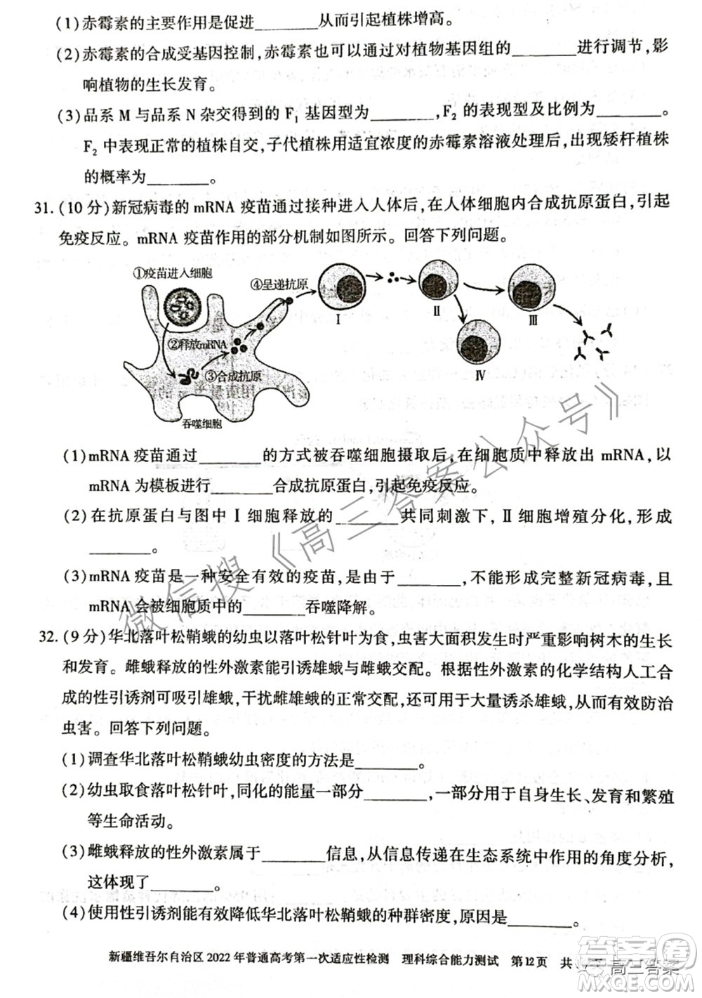 疆維吾爾自治區(qū)2022年普通高考第一次適應性檢測理科綜合試題及答案