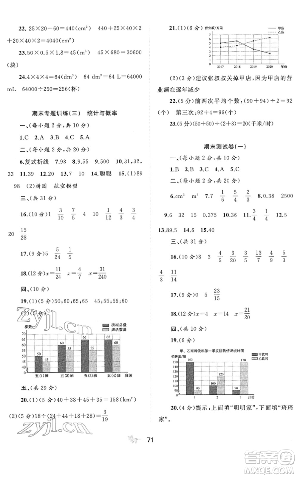 廣西教育出版社2022新課程學(xué)習(xí)與測(cè)評(píng)單元雙測(cè)五年級(jí)數(shù)學(xué)下冊(cè)D北師大版答案