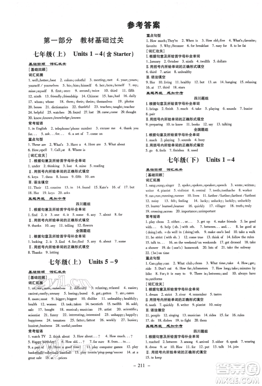 陜西人民教育出版社2022中考總復(fù)習(xí)導(dǎo)與練英語(yǔ)通用版四川專用參考答案