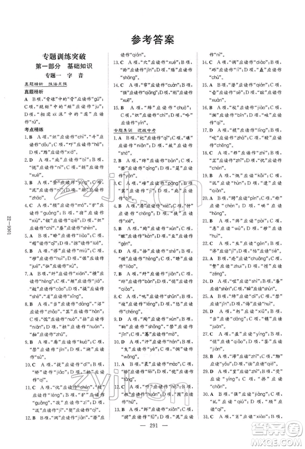 陜西人民教育出版社2022初中總復(fù)習(xí)導(dǎo)與練語文通用版內(nèi)蒙古專版參考答案