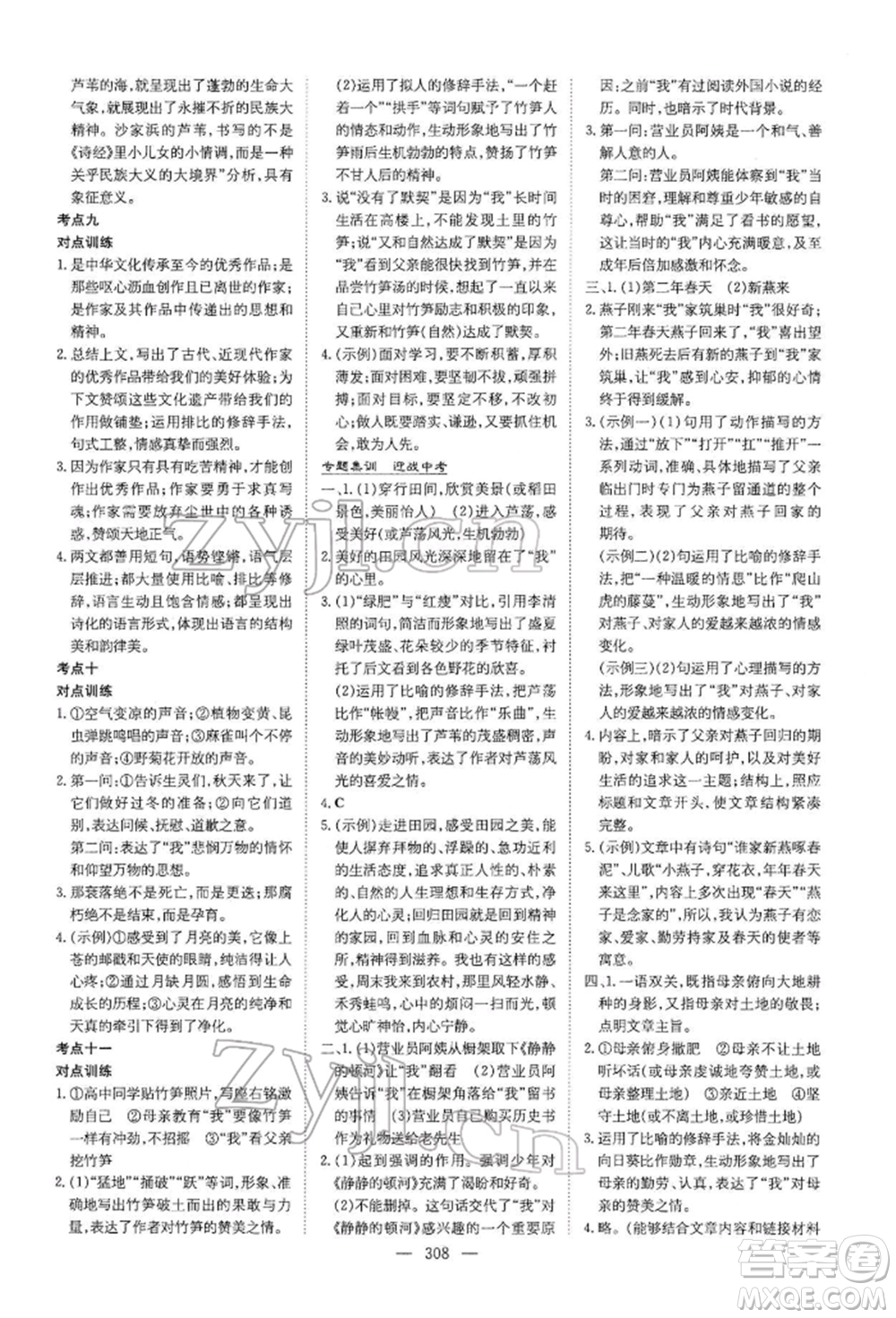 陜西人民教育出版社2022初中總復(fù)習(xí)導(dǎo)與練語文通用版內(nèi)蒙古專版參考答案