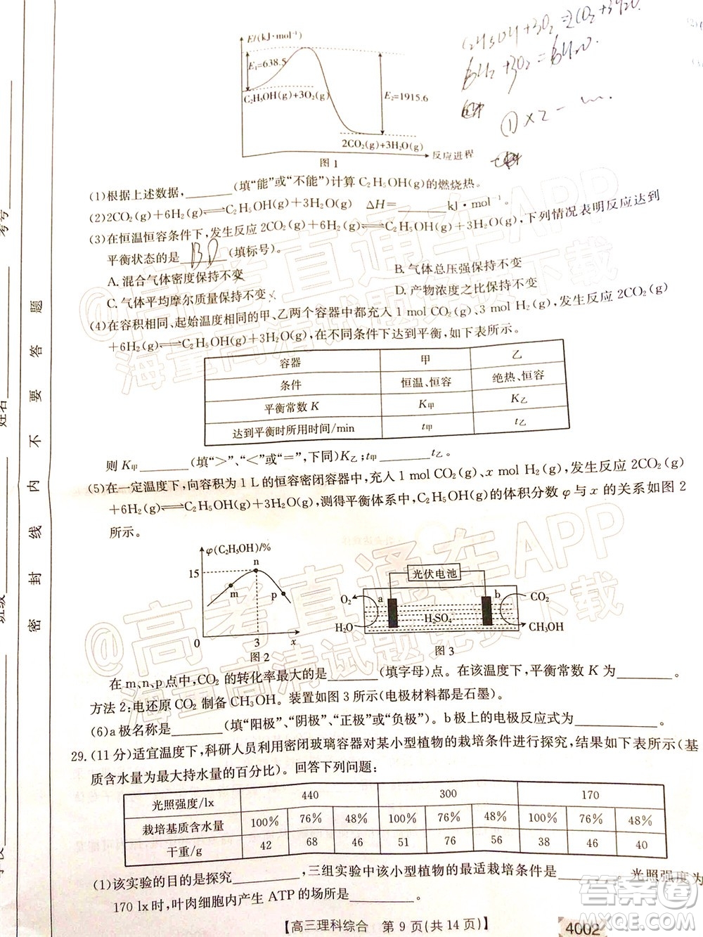 2022屆黔東南金太陽3月聯(lián)考高三理科綜合試題及答案