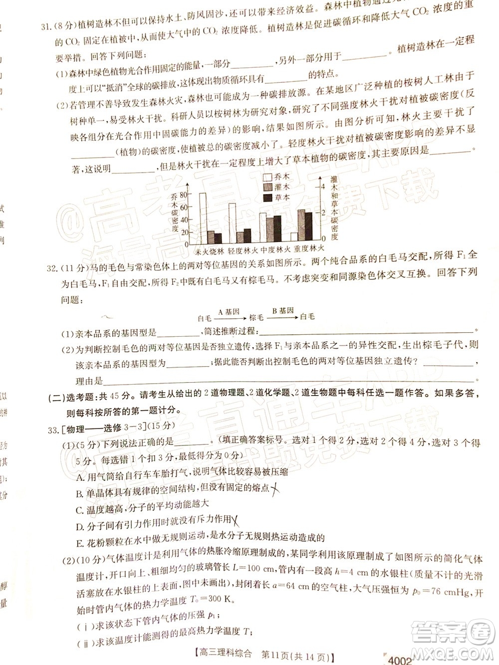 2022屆黔東南金太陽3月聯(lián)考高三理科綜合試題及答案