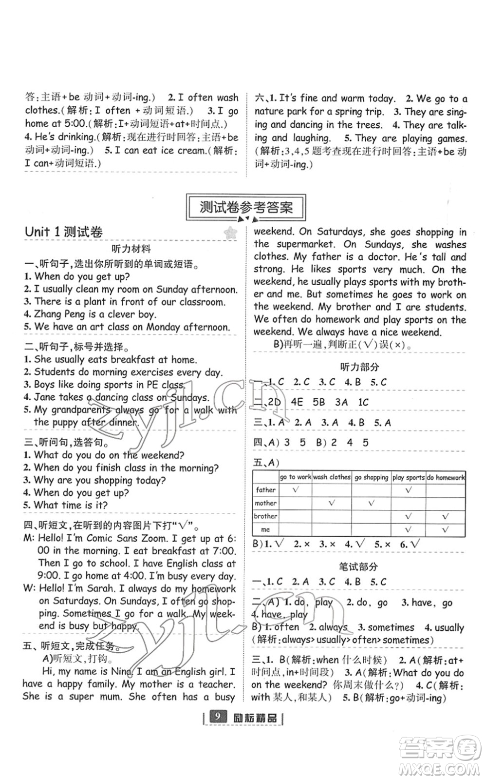 延邊人民出版社2022勵耘新同步五年級英語下冊人教版答案