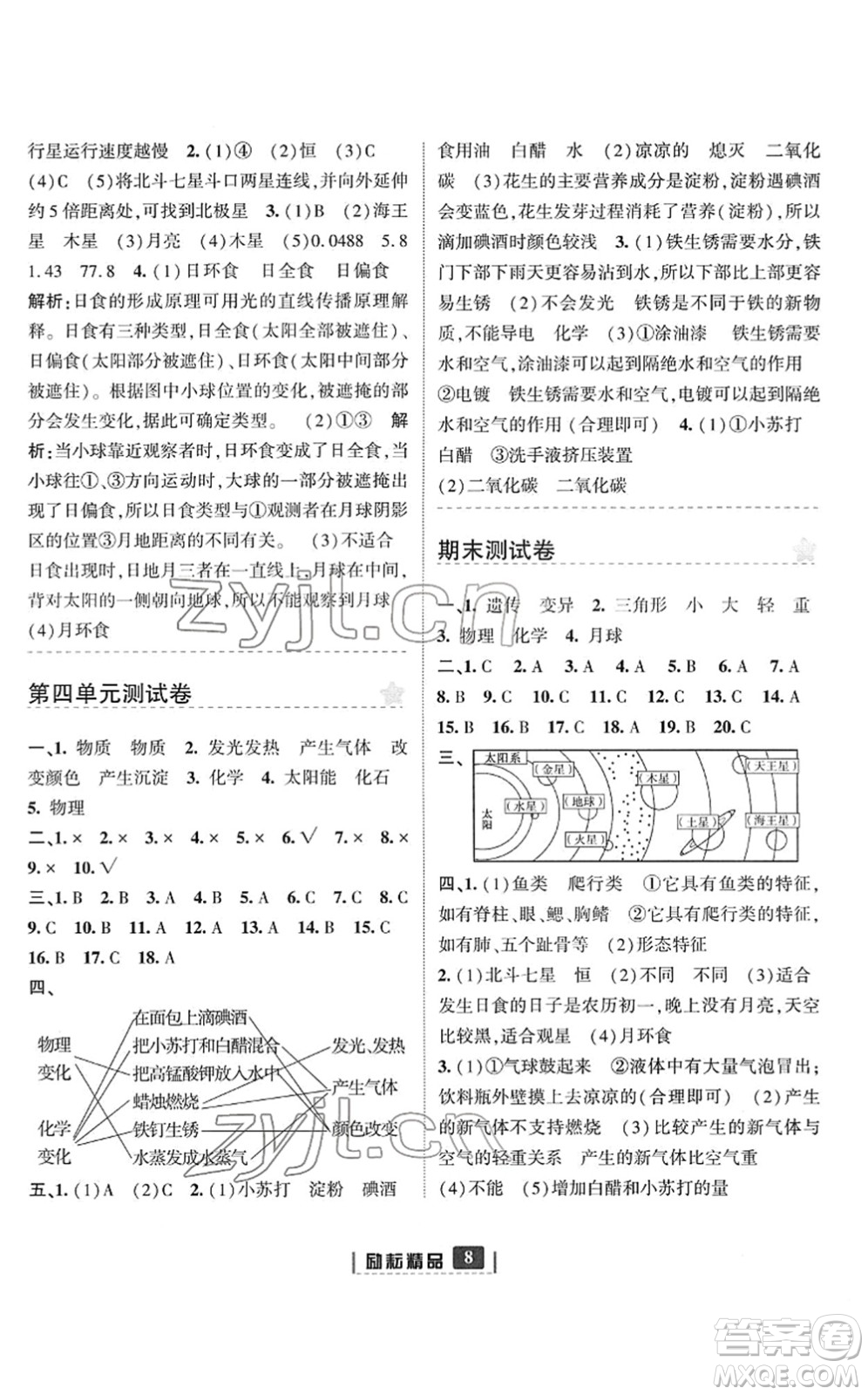 延邊人民出版社2022勵耘新同步六年級科學下冊教科版答案
