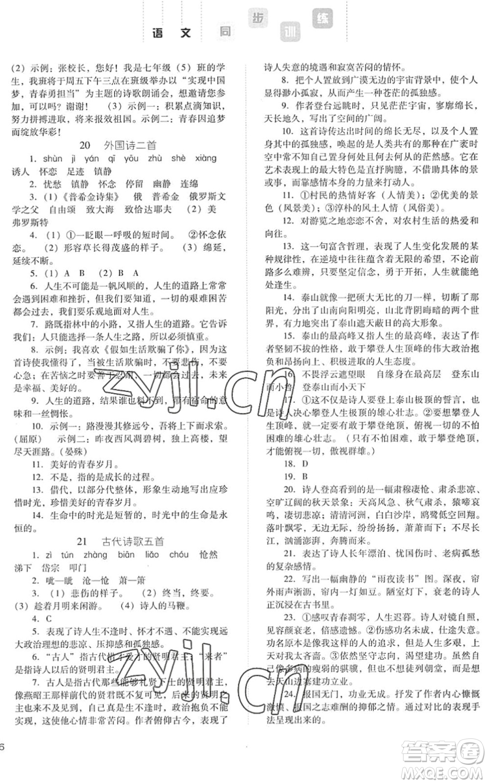 河北人民出版社2022同步訓(xùn)練七年級(jí)語(yǔ)文下冊(cè)人教版答案