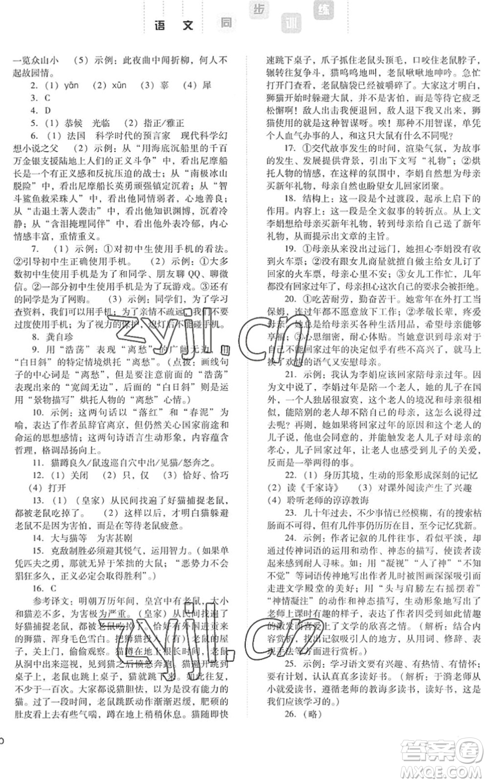 河北人民出版社2022同步訓(xùn)練七年級(jí)語(yǔ)文下冊(cè)人教版答案