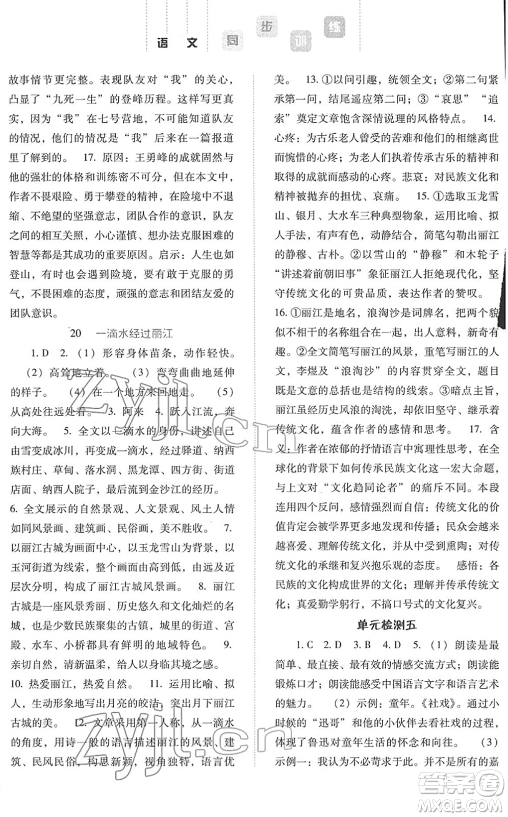 河北人民出版社2022同步訓(xùn)練八年級語文下冊人教版答案