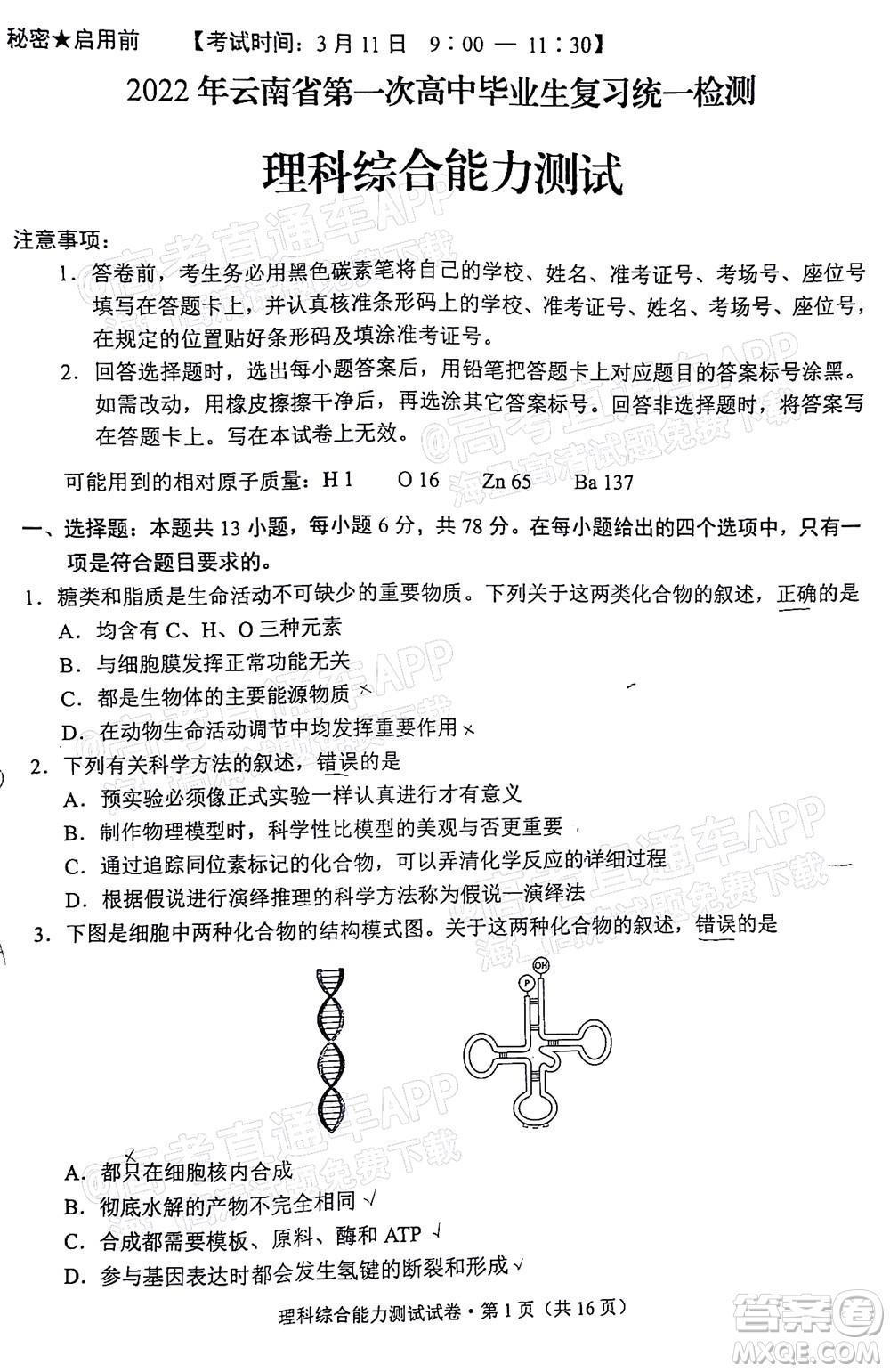 2022年云南省第一次高中畢業(yè)生復(fù)習(xí)統(tǒng)一檢測(cè)理科綜合試題及答案