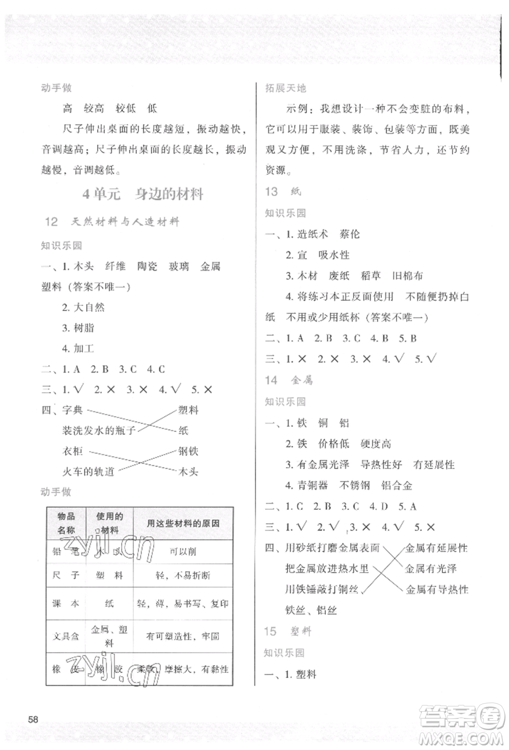 陜西人民教育出版社2022新課程學(xué)習(xí)與評價三年級科學(xué)下冊蘇教版參考答案