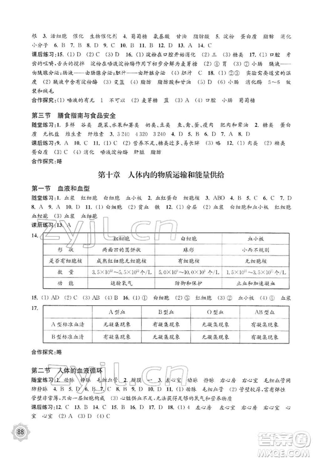 江蘇鳳凰教育出版社2022學(xué)習(xí)與評價七年級生物下冊蘇教版參考答案