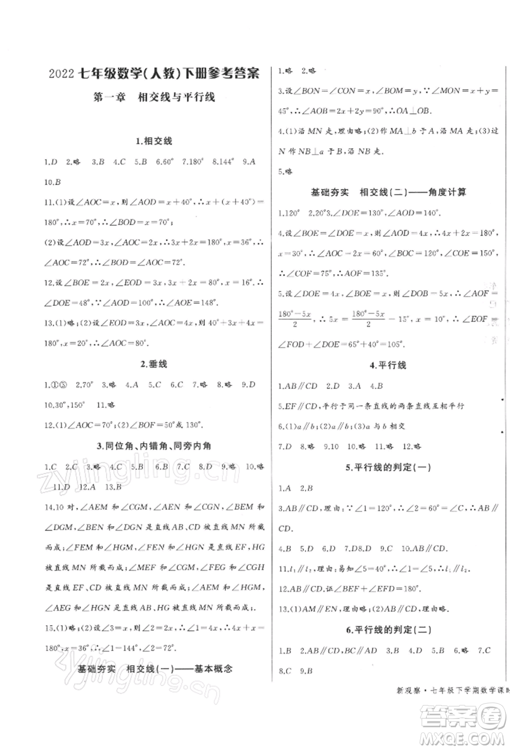 長江少年兒童出版社2022思維新觀察七年級數(shù)學(xué)下冊人教版參考答案