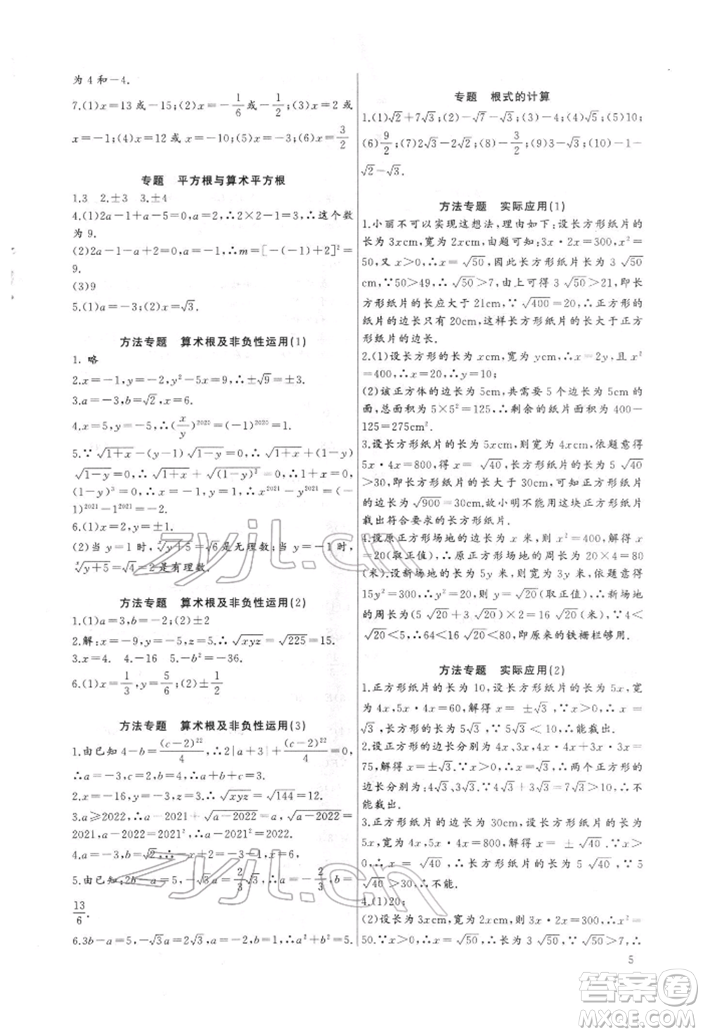長(zhǎng)江少年兒童出版社2022思維新觀(guān)察培優(yōu)講練七年級(jí)下冊(cè)數(shù)學(xué)人教版參考答案
