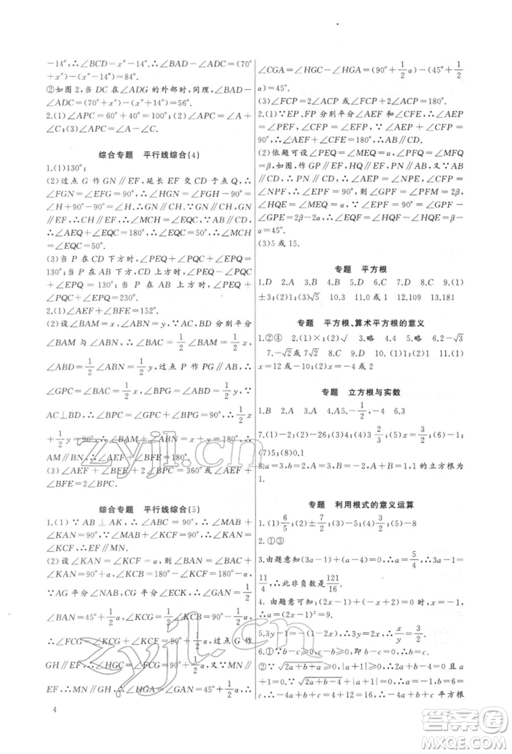 長(zhǎng)江少年兒童出版社2022思維新觀(guān)察培優(yōu)講練七年級(jí)下冊(cè)數(shù)學(xué)人教版參考答案