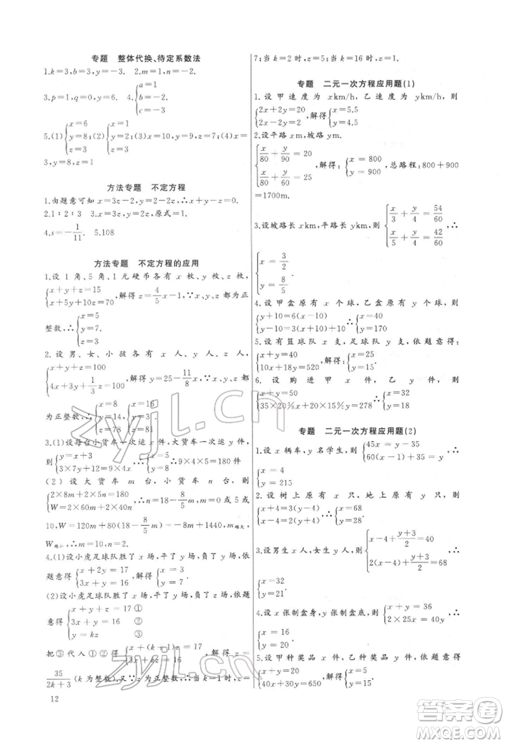 長(zhǎng)江少年兒童出版社2022思維新觀(guān)察培優(yōu)講練七年級(jí)下冊(cè)數(shù)學(xué)人教版參考答案