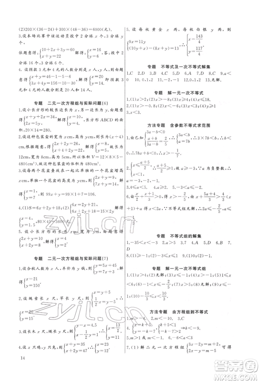 長(zhǎng)江少年兒童出版社2022思維新觀(guān)察培優(yōu)講練七年級(jí)下冊(cè)數(shù)學(xué)人教版參考答案